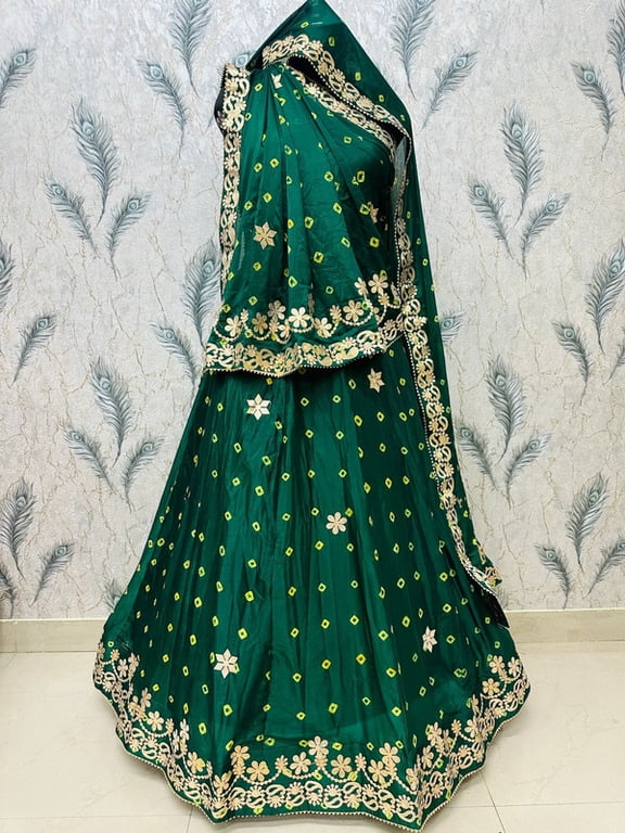 Women’s Chinon Lehenga Choli with Gota Patti Work, Stitched Indian Ethnic Skirt, Unstitched Blouse Piece and Dupatta for Weddings (Bottle green )