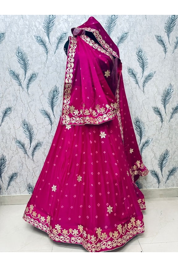 Women’s Chinon Lehenga Choli with Gota Patti Work, Stitched Indian Ethnic Skirt, Unstitched Blouse Piece and Dupatta for Weddings (Pink )
