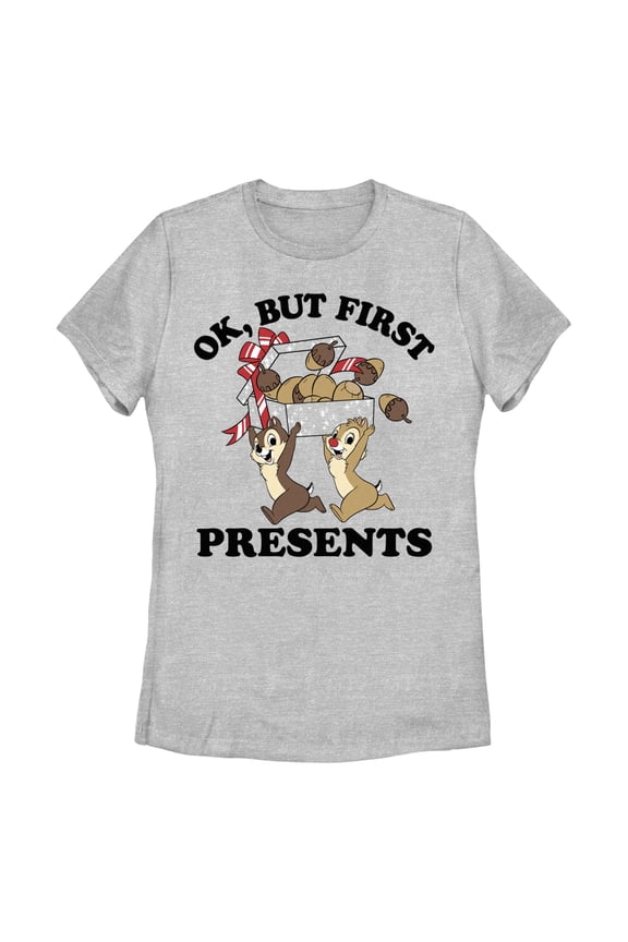 Women's Chip 'n Dale But First Christmas Presents Graphic T-Shirt