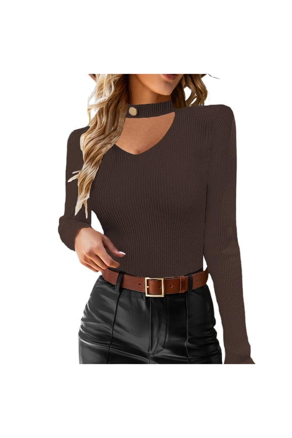 Women's Choker Neck Cutout Sweater With Button Solid Color Long Sleeve Tops Slim Fit Knitted Sweater Base Sweater
