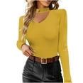thumbnail image 1 of Women's Choker Neck Sweater V Neck Cutout Long Sleeve Ribbed Knit Going Out Blouse Yellow M, 1 of 7
