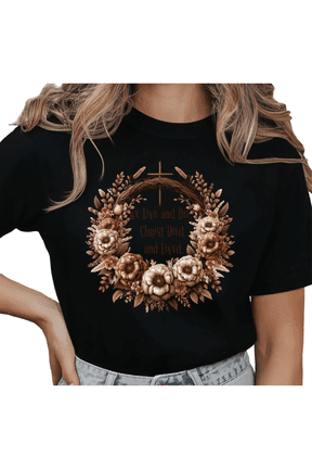 Women's Christ Died and Lived Floral Wreath Cross Easter Faith Graphic Comfortable T Shirt Short Sleeve Round Neck Top Black S-5XL