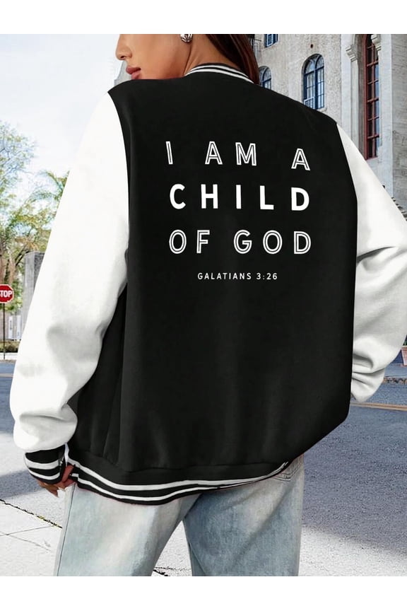 Women's Christian Baseball Jacket I Am A Child Of God Hoodie - Long Sleeves Oversized. Youth Apparel Faith-Based Tee. Galatians Scripture Varsity Style. Black Hoodie for Women