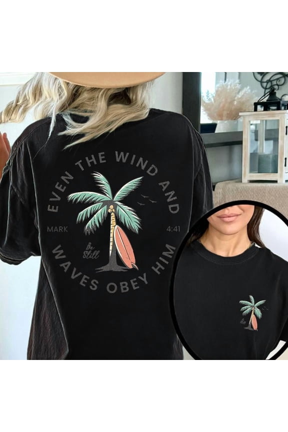 Women’s Christian Beach Tee – Bible Verse Coconut Tree Graphic | Short Sleeve Coastal Faith Tops