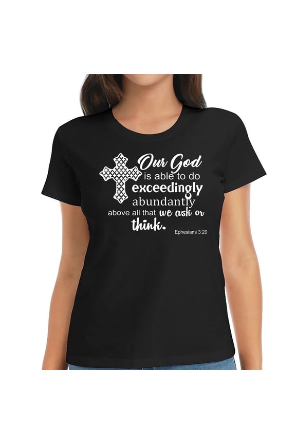 Women's Christian Bible Verse T-Shirt Ephesians 3:20 Scripture Faith Graphic Tee Retro Inspirational Religious Short Sleeve Black Top