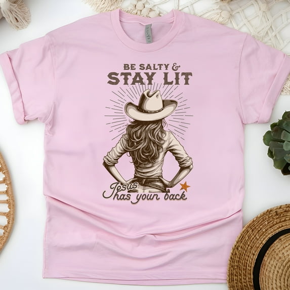 Women’s Christian Cowgirl T-Shirt – Be Salty & Stay Lit, Jesus Has Your Back Western Tee, Light Pink, Size S
