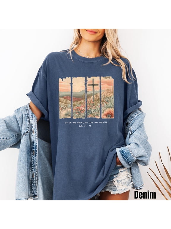 Women's Christian Cross T-Shirt John 3:16 Bible Verse Faith Graphic Tee "My Sin Was Great, His Love Was Greater" Landscape Design.