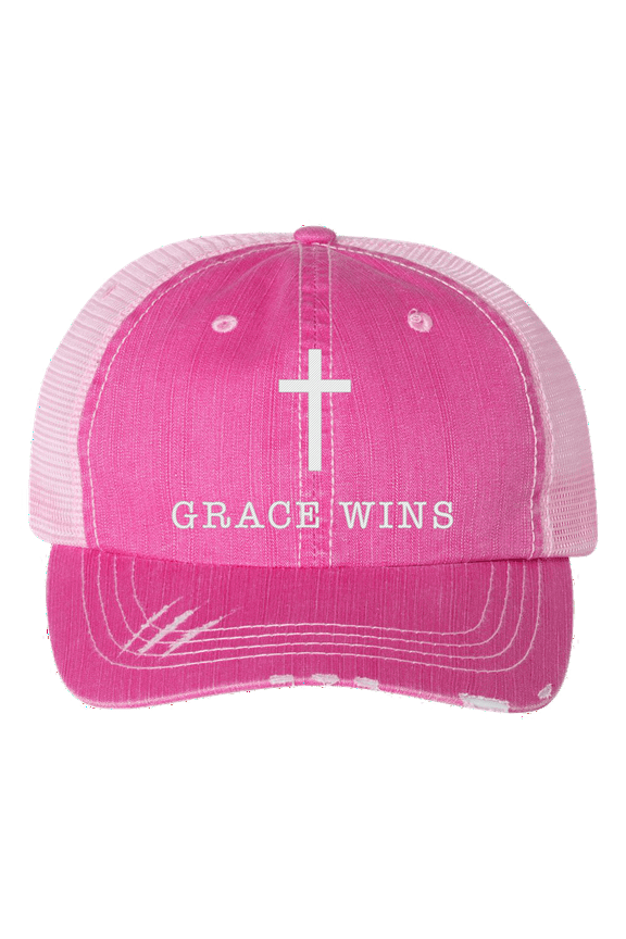 Women's Christian Embroidered Grace Wins Baseball cap, Pink/White Embroidery