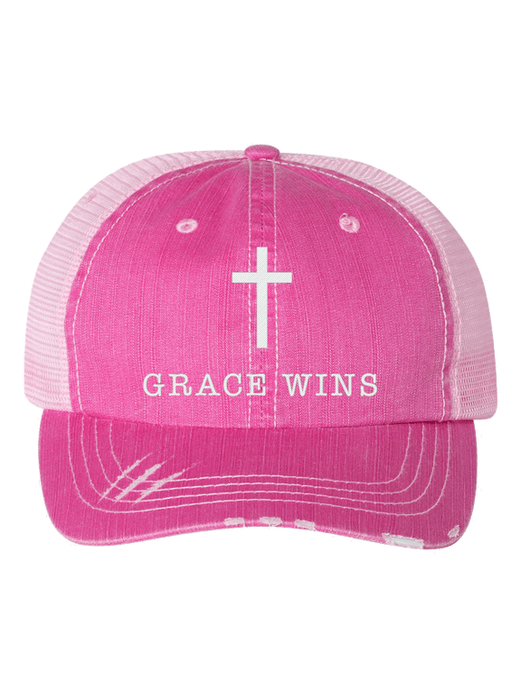Women's Christian Embroidered Grace Wins Baseball cap, Pink/White Embroidery