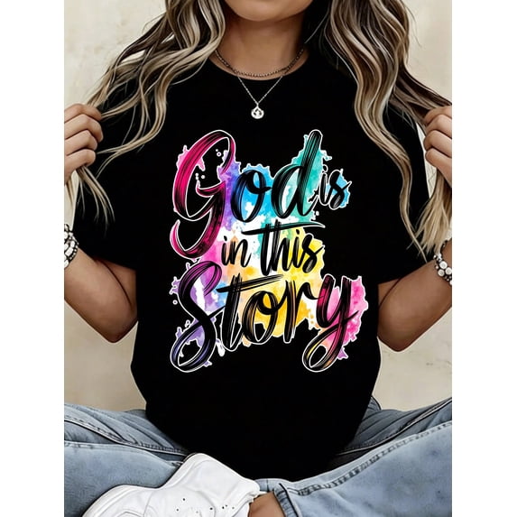 Women's Christian Faith Graphic T-Shirt, God Writes Every Chapter Inspirational Print Crew Neck Short Sleeve Casual Religious Tee, Church Gift for Women