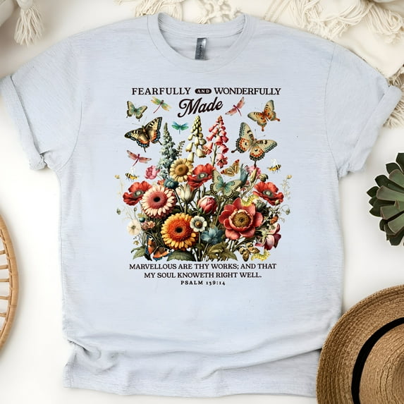 Women's Christian Floral T-Shirt, Fearfully and Wonderfully Made Shirt, Psalm 139:14 Tee, Ash, Size S