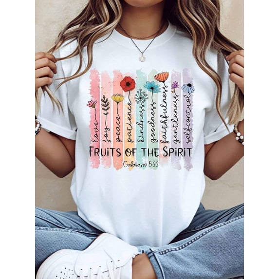 Women's Christian Fruits of the Spirit Graphic T-Shirt, Floral Bible Verse Galatians 5:22 Faith Inspirational Crew Neck Short Sleeve Cotton Tee, Religious Gift for Women