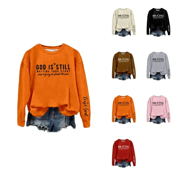 Women's Christian Graphic Crewneck Sweatshirt – God Is Still Writing Your Story Drop Shoulder Pullover Top for Daily Wear & Fall