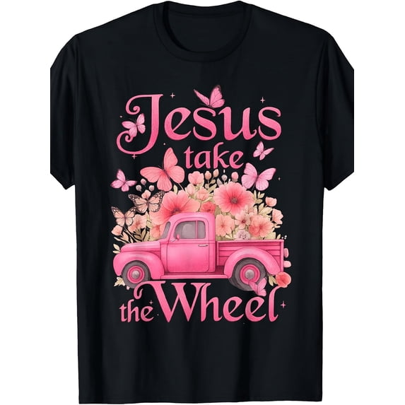Women's Christian Graphic T-Shirt, Pink Vintage Pickup Truck Floral Butterfly Print, Inspirational Faith Short Sleeve Crew Neck Casual Tee, Lightweight Soft Summer Shirt for Daily Wear