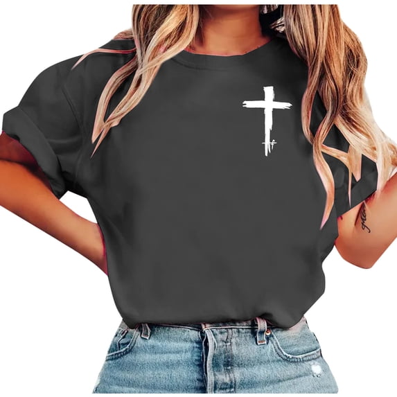 Women's Christian Graphic T Shirts Vintage Jesus Faith Pray Cross Print Tees Inspirational Short Sleeve Shirt