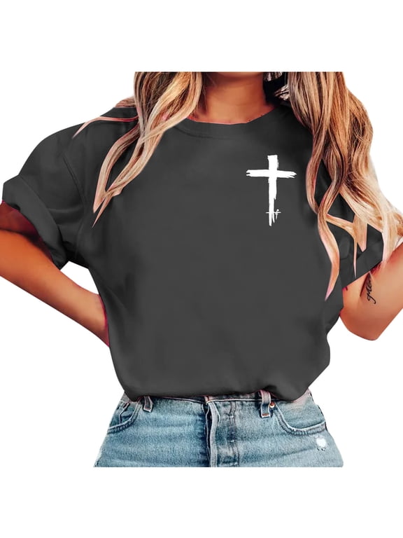 Women's Christian Graphic T Shirts Vintage Jesus Faith Pray Cross Print Tees Inspirational Short Sleeve Shirt