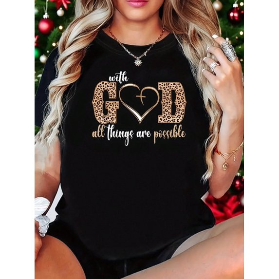 Women's Christian Graphic Tee, With God All Things Are Possible Inspirational Faith Shirt, Heart Cross Print Crew Neck Short Sleeve Casual Top