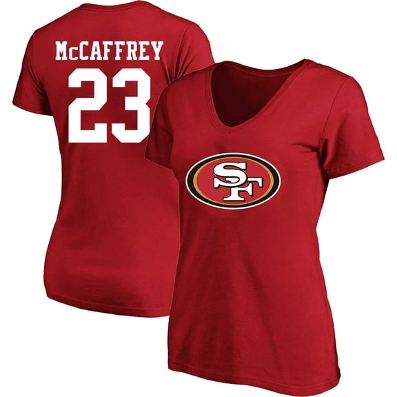 Women's Christian McCaffrey Scarlet San Francisco 49ers Plus Size Fair Catch Name & Number Scoop Neck T-Shirt