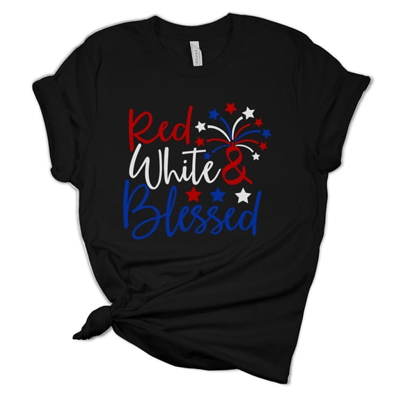Women's Christian Red, White & Blessed Patriotic Fourth of July Independence Day Short Sleeve T-shirt Graphic Tee Graphic Tee-Black-5xl