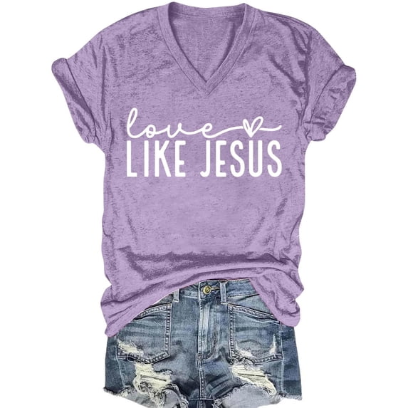 Women's Christian Shirt Like Jesus Letter Printed Short Sleeve V Neck Top Faith Religious Tee for Outdoor Wear