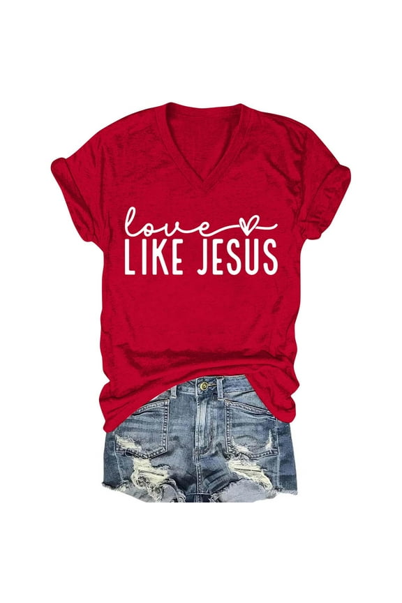 Women's Christian Shirt Like Jesus Letter Printed Short Sleeve V Neck Top Faith Religious Tee for Outdoor Wear