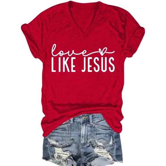 Women's Christian Shirt Like Jesus Letter Printed Short Sleeve V Neck Top Faith Religious Tee for Outdoor Wear