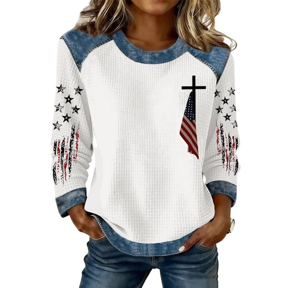 Women's Christian Shirts Jesus Cross Graphic Printed Faith Sweatshirt Oversize 4th of July Patriotic Tops Casual Crewneck Pullover