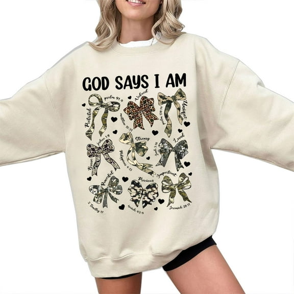 Women's Christian Sweatshirt, "God Says I Am" Bible Verse Sweater with Camo and Floral Bow Graphics, Faith Scripture Pullover, Religious Inspirational Top, Sizes S–5XL