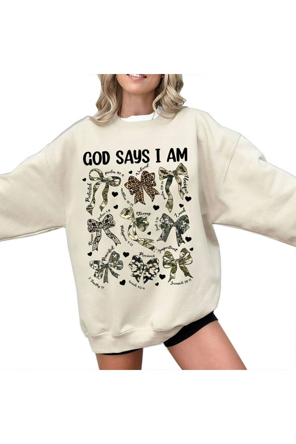 Women's Christian Sweatshirt, "God Says I Am" Bible Verse Sweater with Camo and Floral Bow Graphics, Faith Scripture Pullover, Religious Inspirational Top, Sizes S–5XL
