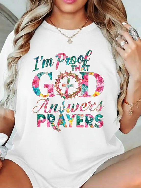 Women's Christian T-Shirt I'm Proof That God Answers Prayers Faith Graphic Tee Religious Short Sleeve Top for Church Casual