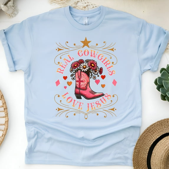 Women's Christian T-Shirt – Real Cowgirls Love Jesus Graphic Tee, Pink Boot Floral Design, Light Blue, Size 4XL