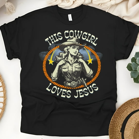 Women's Christian T-Shirt – This Cowgirl Loves Jesus Graphic Tee, Western Faith Style, Black, Size S
