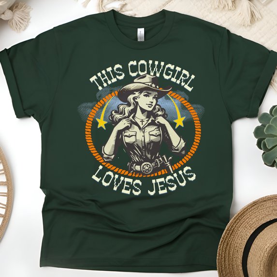 Women's Christian T-Shirt – This Cowgirl Loves Jesus Graphic Tee, Western Faith Style, Forest Green, Size L
