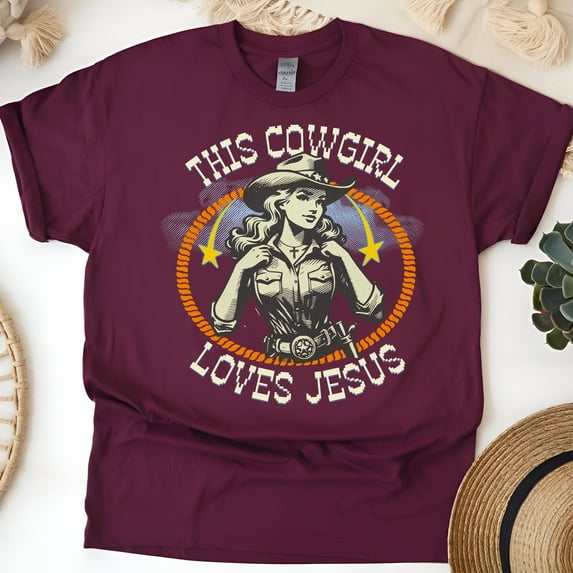 Women's Christian T-Shirt – This Cowgirl Loves Jesus Graphic Tee, Western Faith Style, Maroon, Size 2XL