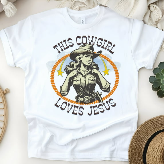 Women's Christian T-Shirt – This Cowgirl Loves Jesus Graphic Tee, Western Faith Style, White, Size 2XL