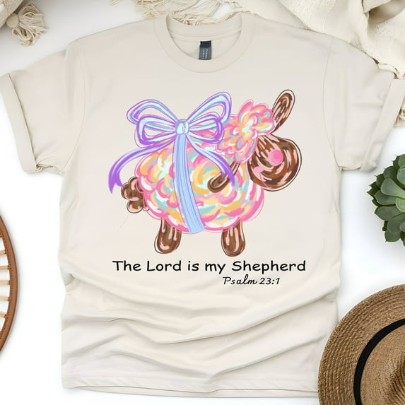 Women’s Christian T-Shirt with Cute Lamb and Psalm 23:1 Scripture, Natural, Size S