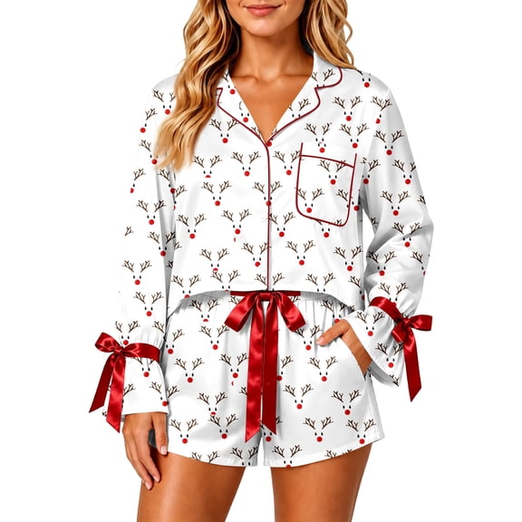 Women's Christmas 2 Piece Pajama Set, Button Down Long Sleeve Shirt and Shorts Sleepwear with Satin Bow Trim, Holiday Printed Loungewear 08-White L