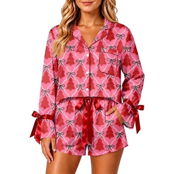 Women's Christmas 2 Piece Pajama Set, Button Down Long Sleeve Shirt and Shorts Sleepwear with Satin Bow Trim, Holiday Printed Loungewear 17-Hot Pink S