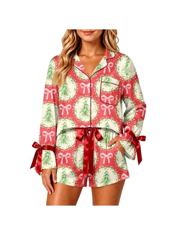 Women's Christmas 2 Piece Pajama Set, Button Down Long Sleeve Shirt and Shorts Sleepwear with Satin Bow Trim, Holiday Printed Loungewear 22-Watermelon Red L