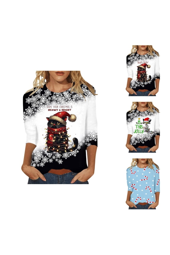 Women's Christmas 3/4 Sleeve Shirt 2025 Holiday Casual Crewneck Snowflake Black Cat Graphic Tshirt Shirt