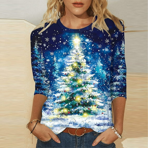 Women's Shirt 3/4 Sleeve Plus Size Christmas Tree Print Crewneck T-Shirt Soft Breathable Loose Fit Tops Casual Holiday Party Tunic Tee