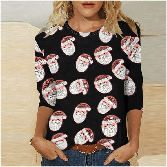Women's Christmas 3/4 Sleeve Shirt Plus Size Crewneck Sweatshirt Santa Claus All Over Print Tunic Tops Casual Holiday Party T Shirt