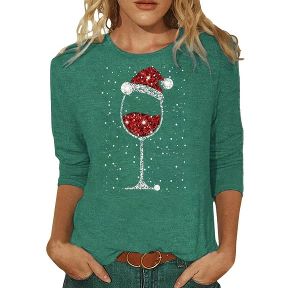 Women's Christmas 3/4 Sleeve Tops Tshirts Ladies Casual Print Crewneck Santa Xmas Tees Blouses