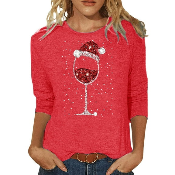 Women's Christmas 3/4 Sleeve Tops Tshirts Ladies Casual Print Crewneck Santa Xmas Tees Blouses