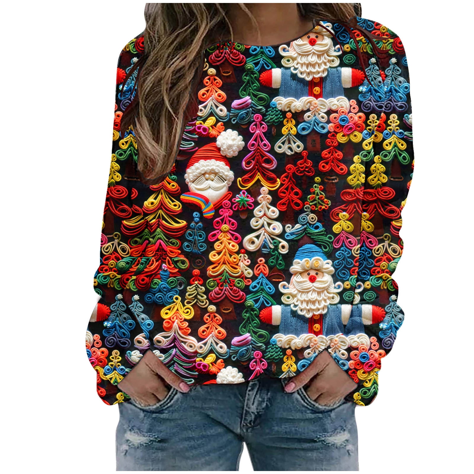Women's Christmas 3D Graphic Sweatshirts Long Sleeve Crewneck Casual Loose Soft Comfy Holiday Pullover Shirts Tops
