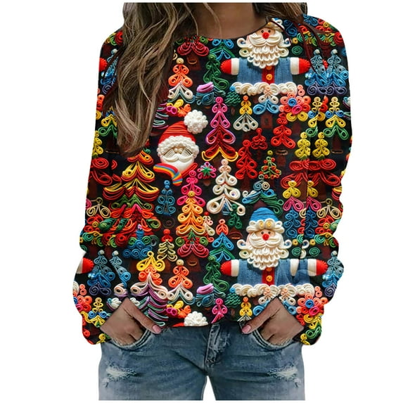 Women's Christmas 3D Graphic Sweatshirts Long Sleeve Crewneck Casual Loose Soft Comfy Holiday Pullover Shirts Tops