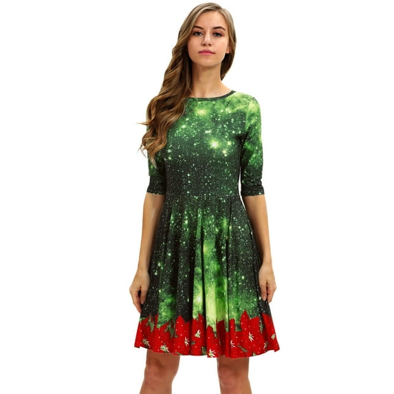 Women's Christmas 3D Print Short Sleeve Unique Casual Flared Midi Dress Women Christmas Holiday Flare Dress Short Dress 3D Printed Novelty Midi Dress