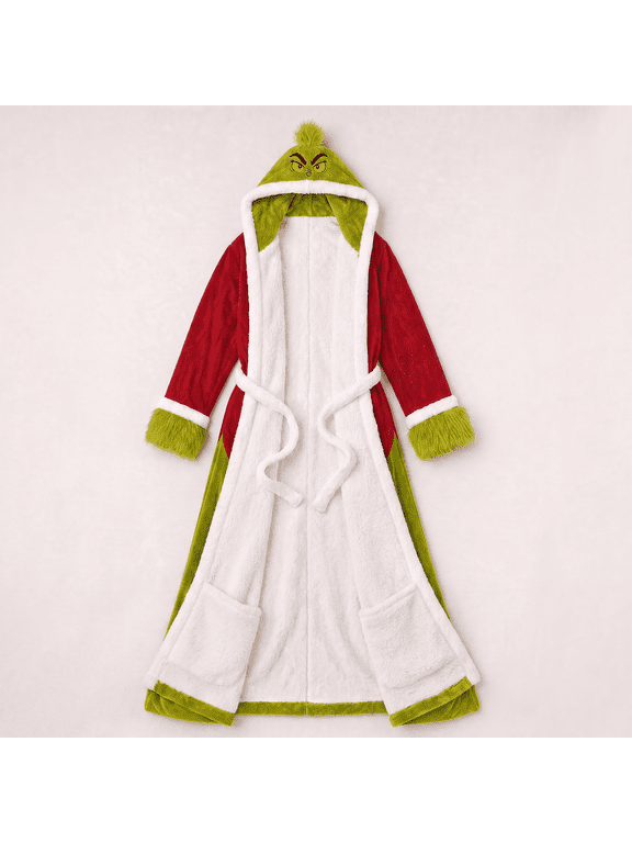 Women's Christmas Blanket Hooded Robe, Plush Full Length Wearable Blanket with Foot Pockets, Belted Warming Bathrobe for Winter Lounging