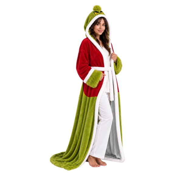 Women's Christmas Blanket Hooded Robe, Plush Full Length Wearable Blanket with Foot Pockets, Belted Warming Bathrobe for Winter Lounging