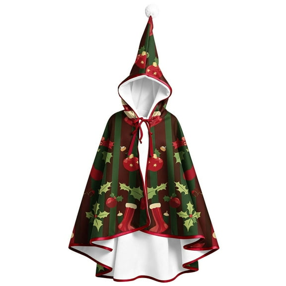 Women’s Christmas Blanket Hoodie Oversized Cozy Poncho Cape with Pompom Hood Mrs Claus Costume Xmas Printed Tie Strap Holiday Party Cloak,Red,Free Size